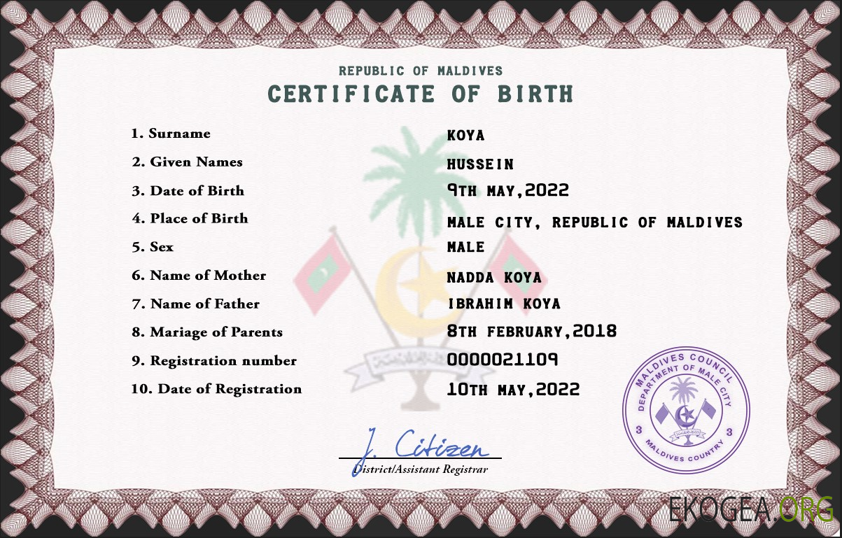 Modèle PSD de certificat de naissance de l'état civil des Maldives